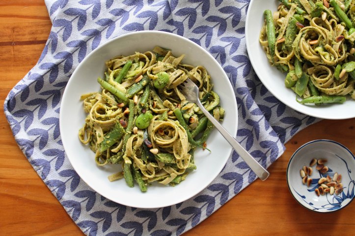 Tagliatelle with pesto, courgette and green beans